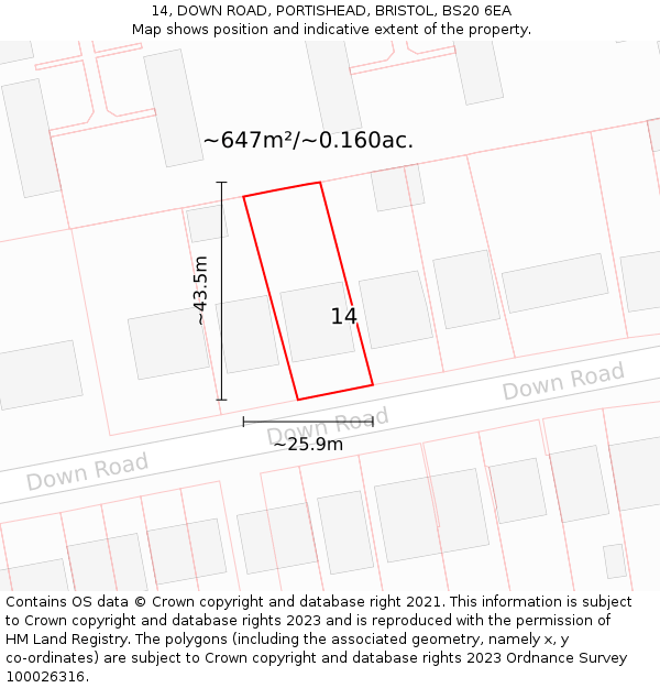 14, DOWN ROAD, PORTISHEAD, BRISTOL, BS20 6EA: Plot and title map