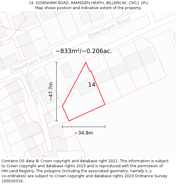 14, DOWNHAM ROAD, RAMSDEN HEATH, BILLERICAY, CM11 1PU: Plot and title map