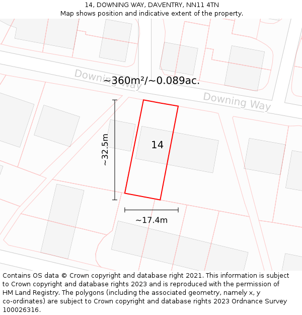 14, DOWNING WAY, DAVENTRY, NN11 4TN: Plot and title map