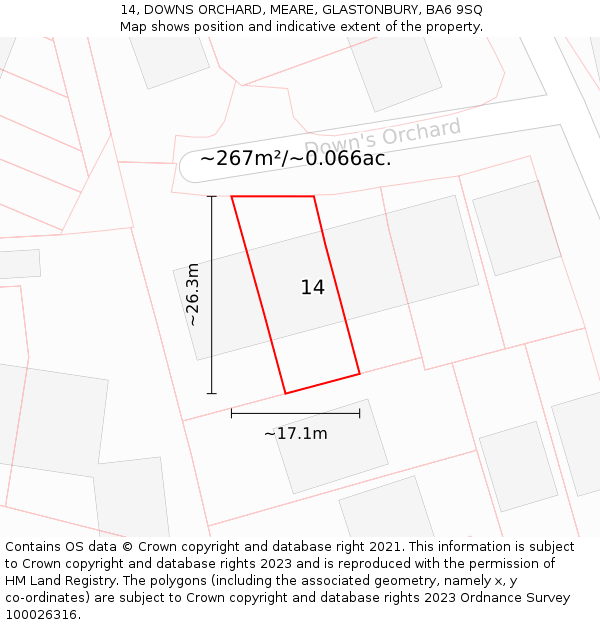 14, DOWNS ORCHARD, MEARE, GLASTONBURY, BA6 9SQ: Plot and title map