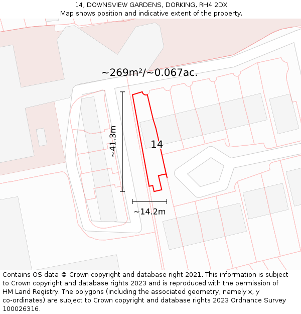 14, DOWNSVIEW GARDENS, DORKING, RH4 2DX: Plot and title map