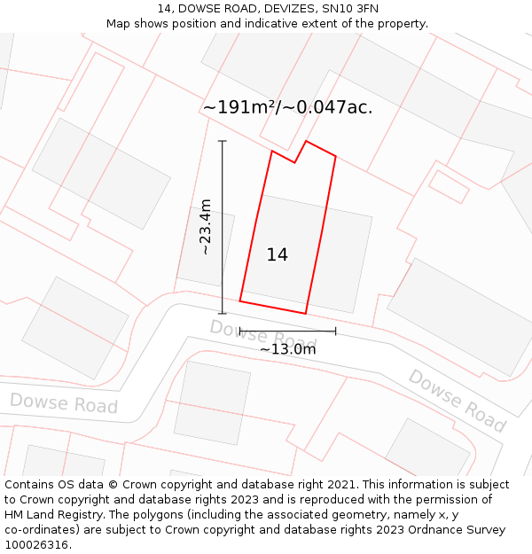 14, DOWSE ROAD, DEVIZES, SN10 3FN: Plot and title map