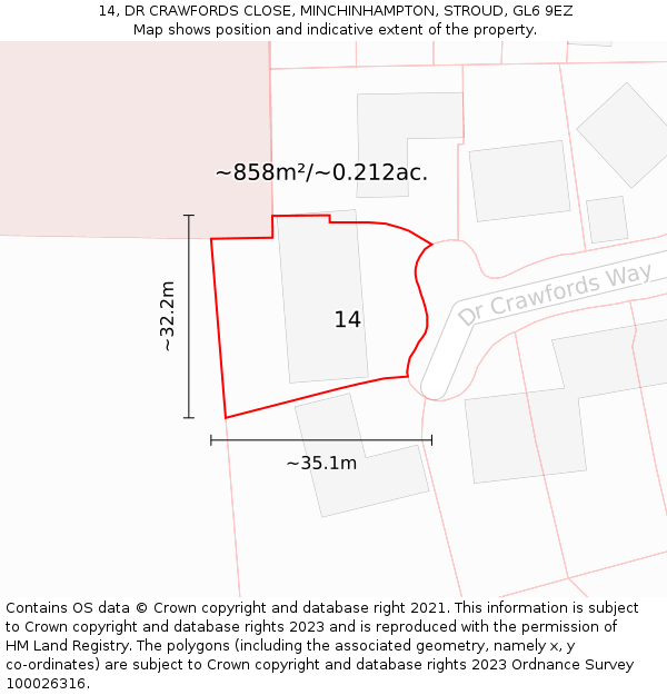 14, DR CRAWFORDS CLOSE, MINCHINHAMPTON, STROUD, GL6 9EZ: Plot and title map