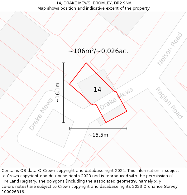 14, DRAKE MEWS, BROMLEY, BR2 9NA: Plot and title map