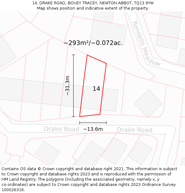 14, DRAKE ROAD, BOVEY TRACEY, NEWTON ABBOT, TQ13 9YW: Plot and title map