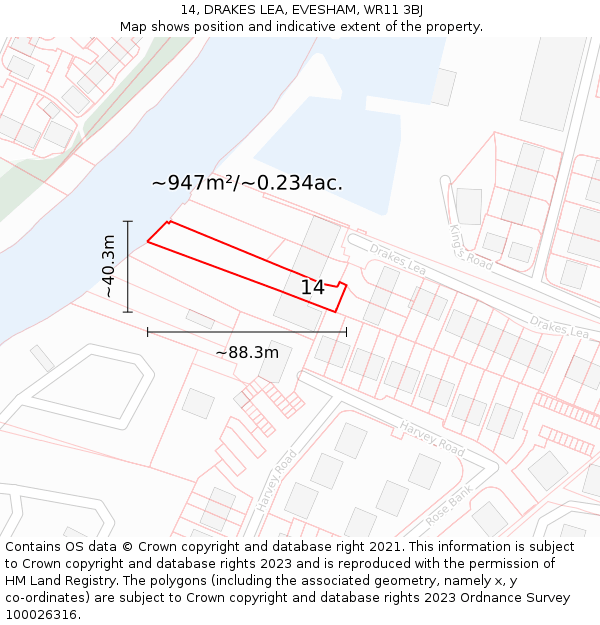 14, DRAKES LEA, EVESHAM, WR11 3BJ: Plot and title map