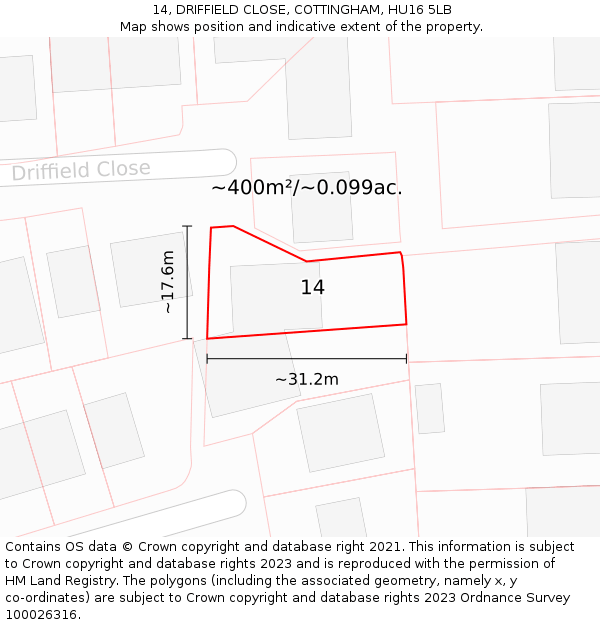 14, DRIFFIELD CLOSE, COTTINGHAM, HU16 5LB: Plot and title map