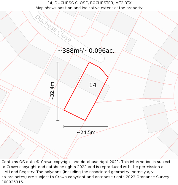 14, DUCHESS CLOSE, ROCHESTER, ME2 3TX: Plot and title map