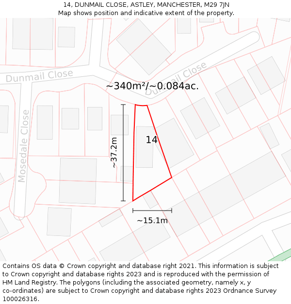 14, DUNMAIL CLOSE, ASTLEY, MANCHESTER, M29 7JN: Plot and title map