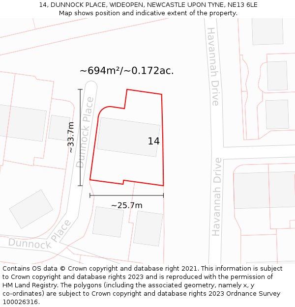 14, DUNNOCK PLACE, WIDEOPEN, NEWCASTLE UPON TYNE, NE13 6LE: Plot and title map