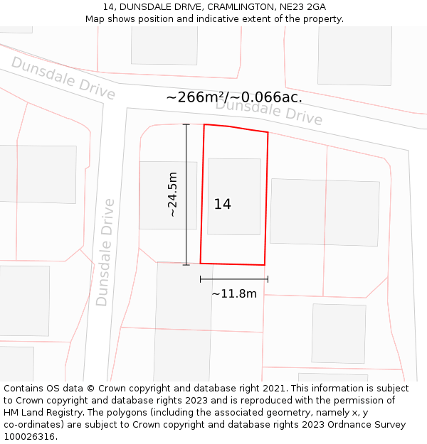 14, DUNSDALE DRIVE, CRAMLINGTON, NE23 2GA: Plot and title map