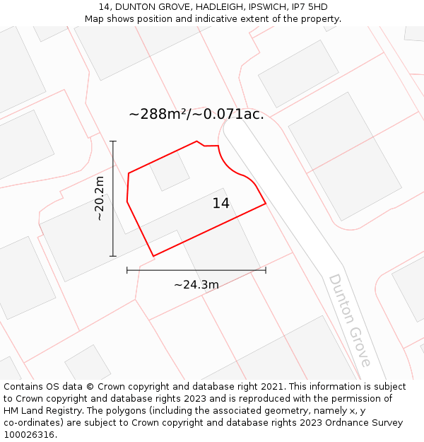 14, DUNTON GROVE, HADLEIGH, IPSWICH, IP7 5HD: Plot and title map