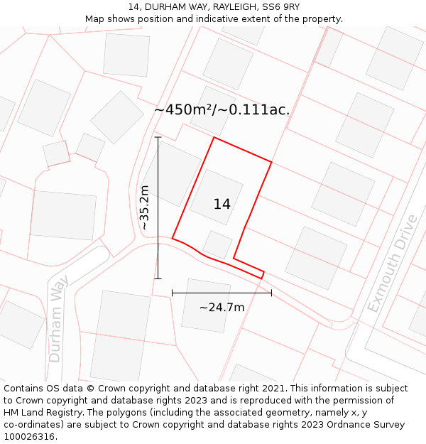 14, DURHAM WAY, RAYLEIGH, SS6 9RY: Plot and title map