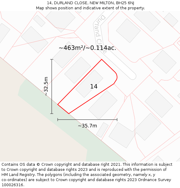 14, DURLAND CLOSE, NEW MILTON, BH25 6NJ: Plot and title map