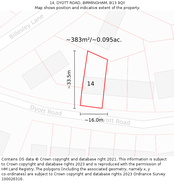 14, DYOTT ROAD, BIRMINGHAM, B13 9QY: Plot and title map