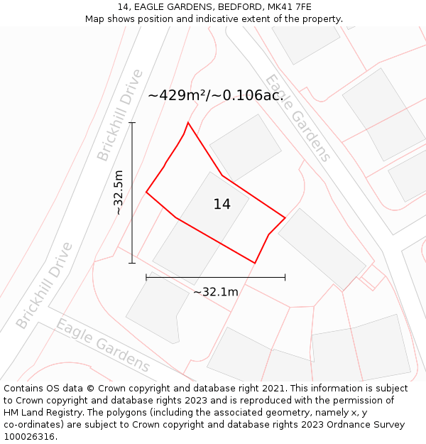 14, EAGLE GARDENS, BEDFORD, MK41 7FE: Plot and title map