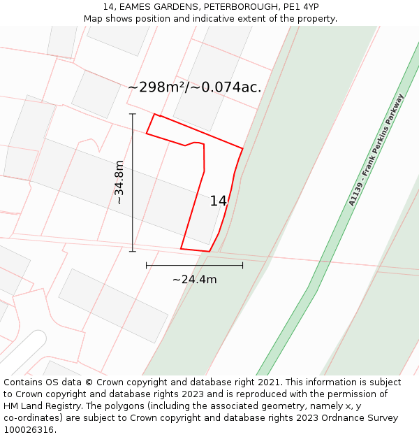 14, EAMES GARDENS, PETERBOROUGH, PE1 4YP: Plot and title map