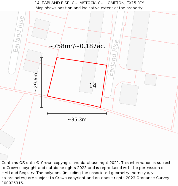14, EARLAND RISE, CULMSTOCK, CULLOMPTON, EX15 3FY: Plot and title map