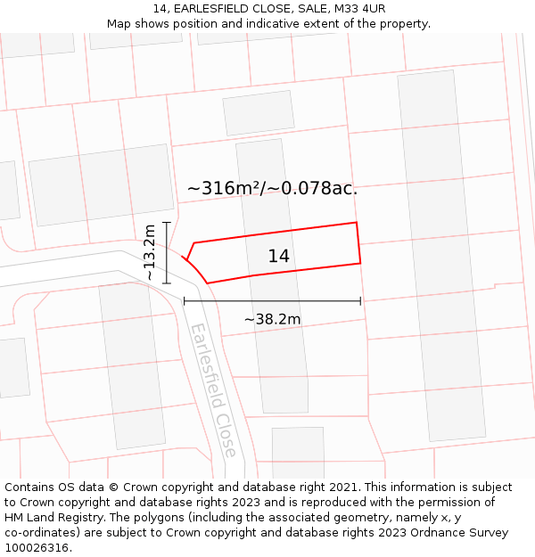 14, EARLESFIELD CLOSE, SALE, M33 4UR: Plot and title map