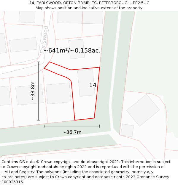 14, EARLSWOOD, ORTON BRIMBLES, PETERBOROUGH, PE2 5UG: Plot and title map