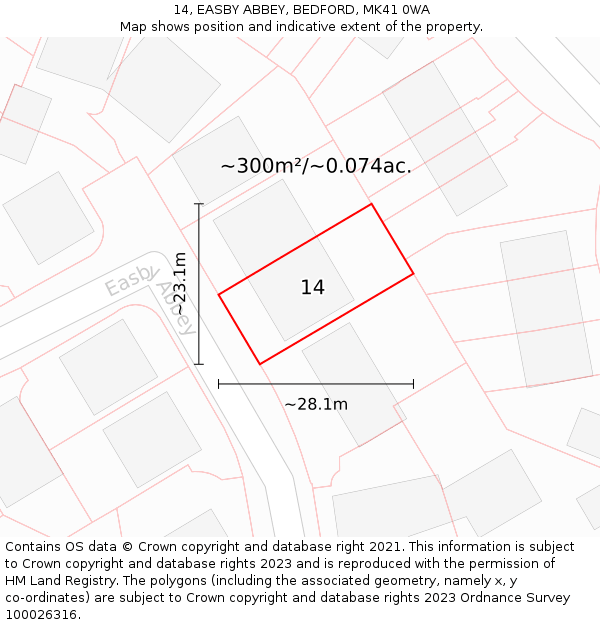 14, EASBY ABBEY, BEDFORD, MK41 0WA: Plot and title map