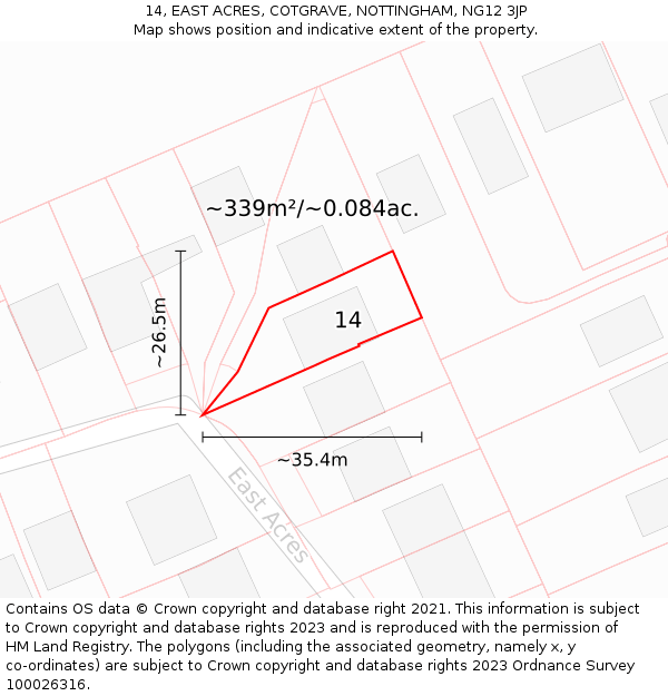 14, EAST ACRES, COTGRAVE, NOTTINGHAM, NG12 3JP: Plot and title map