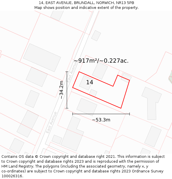 14, EAST AVENUE, BRUNDALL, NORWICH, NR13 5PB: Plot and title map