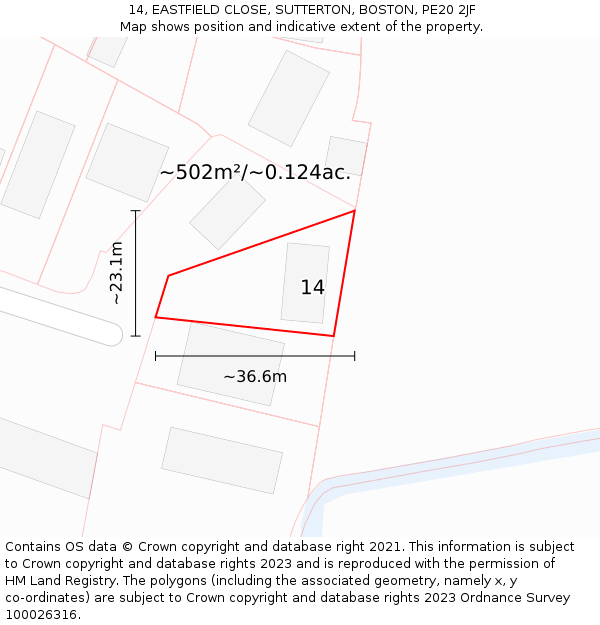 14, EASTFIELD CLOSE, SUTTERTON, BOSTON, PE20 2JF: Plot and title map