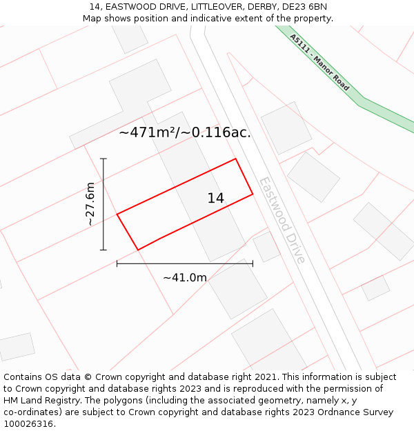 14, EASTWOOD DRIVE, LITTLEOVER, DERBY, DE23 6BN: Plot and title map
