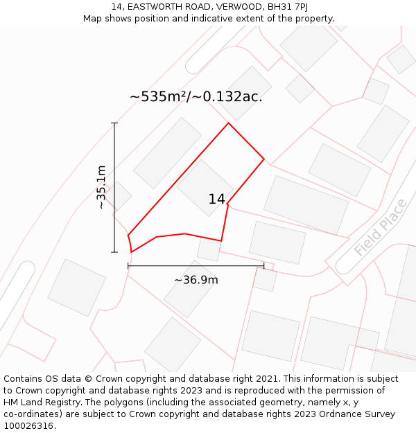 14, EASTWORTH ROAD, VERWOOD, BH31 7PJ: Plot and title map