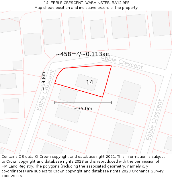 14, EBBLE CRESCENT, WARMINSTER, BA12 9PF: Plot and title map