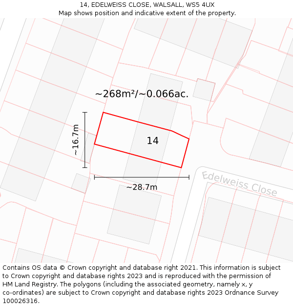 14, EDELWEISS CLOSE, WALSALL, WS5 4UX: Plot and title map