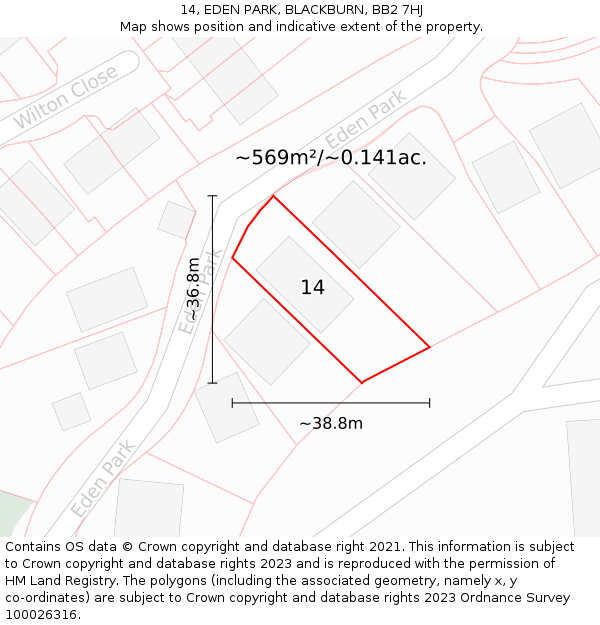 14, EDEN PARK, BLACKBURN, BB2 7HJ: Plot and title map