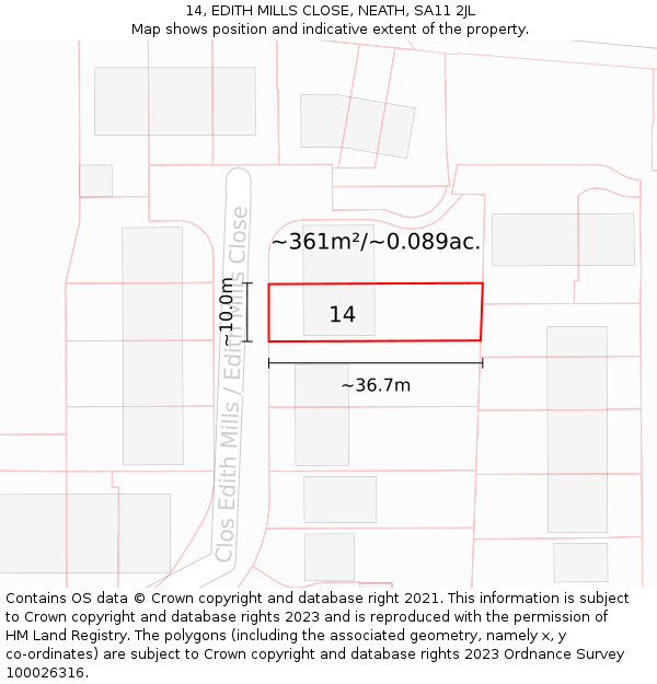 14, EDITH MILLS CLOSE, NEATH, SA11 2JL: Plot and title map