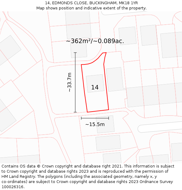 14, EDMONDS CLOSE, BUCKINGHAM, MK18 1YR: Plot and title map