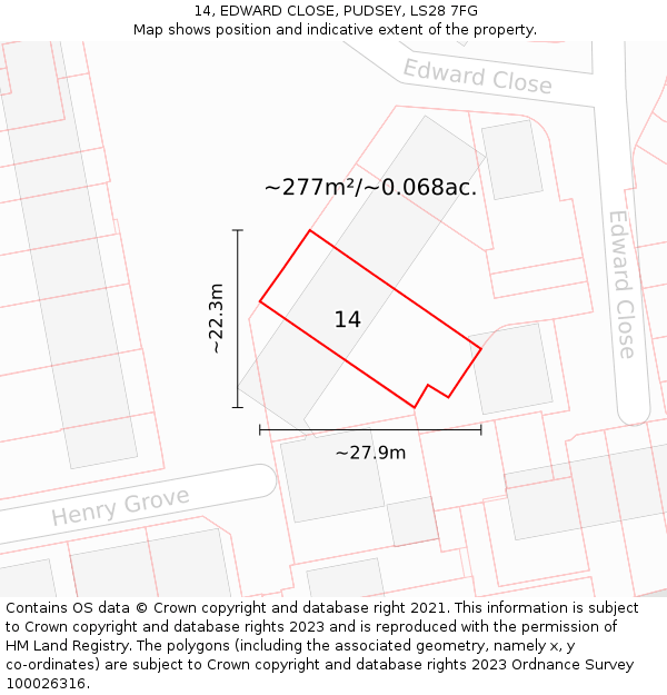 14, EDWARD CLOSE, PUDSEY, LS28 7FG: Plot and title map