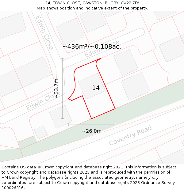 14, EDWIN CLOSE, CAWSTON, RUGBY, CV22 7FA: Plot and title map