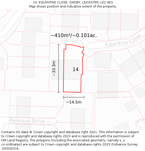 14, EGLANTINE CLOSE, OADBY, LEICESTER, LE2 4EG: Plot and title map