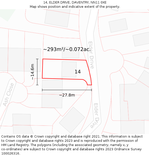 14, ELDER DRIVE, DAVENTRY, NN11 0XE: Plot and title map