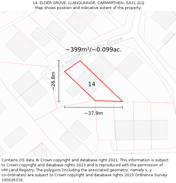 14, ELDER GROVE, LLANGUNNOR, CARMARTHEN, SA31 2LQ: Plot and title map