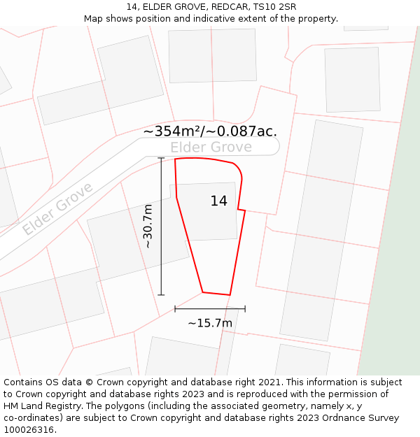 14, ELDER GROVE, REDCAR, TS10 2SR: Plot and title map