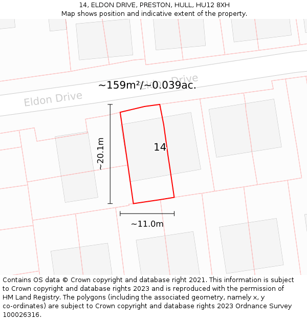 14, ELDON DRIVE, PRESTON, HULL, HU12 8XH: Plot and title map