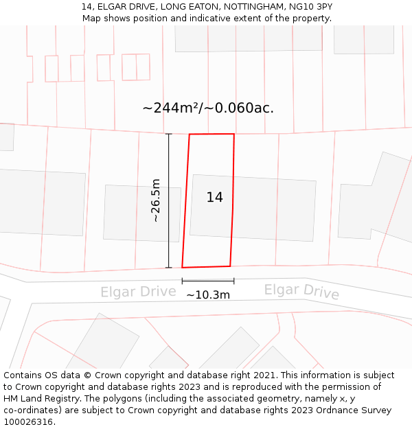 14, ELGAR DRIVE, LONG EATON, NOTTINGHAM, NG10 3PY: Plot and title map