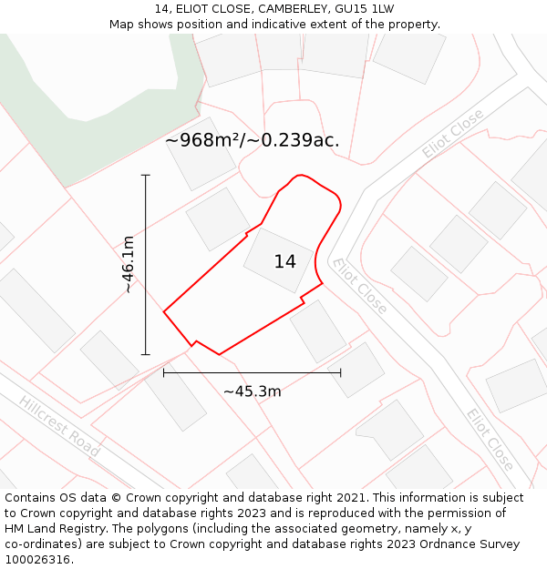 14, ELIOT CLOSE, CAMBERLEY, GU15 1LW: Plot and title map