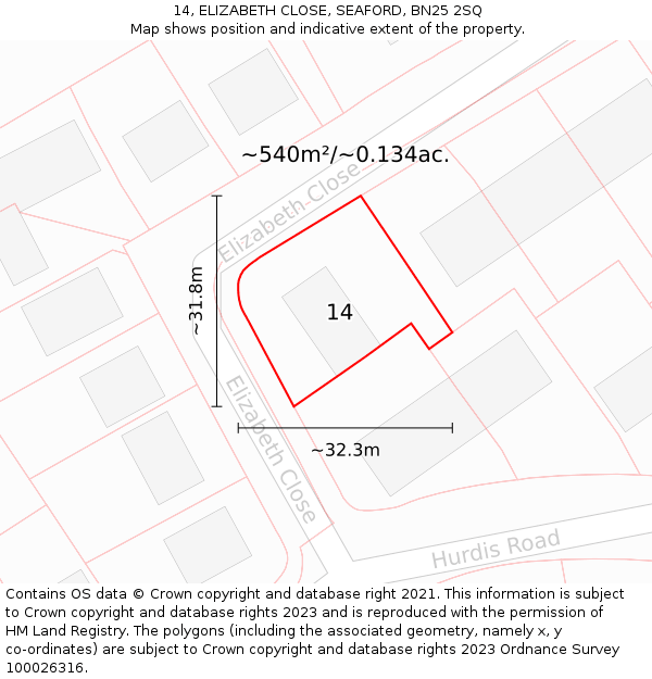 14, ELIZABETH CLOSE, SEAFORD, BN25 2SQ: Plot and title map