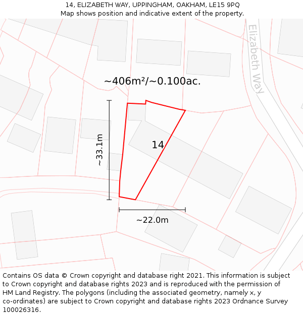 14, ELIZABETH WAY, UPPINGHAM, OAKHAM, LE15 9PQ: Plot and title map