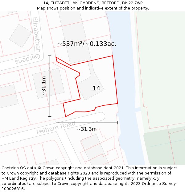 14, ELIZABETHAN GARDENS, RETFORD, DN22 7WP: Plot and title map