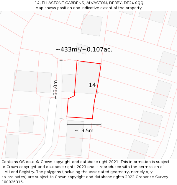 14, ELLASTONE GARDENS, ALVASTON, DERBY, DE24 0QQ: Plot and title map