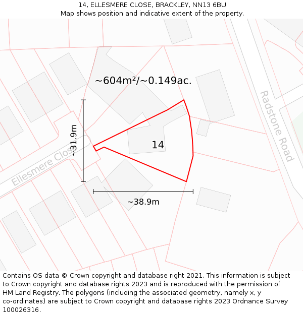 14, ELLESMERE CLOSE, BRACKLEY, NN13 6BU: Plot and title map