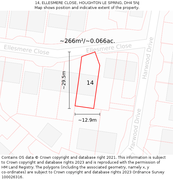 14, ELLESMERE CLOSE, HOUGHTON LE SPRING, DH4 5NJ: Plot and title map